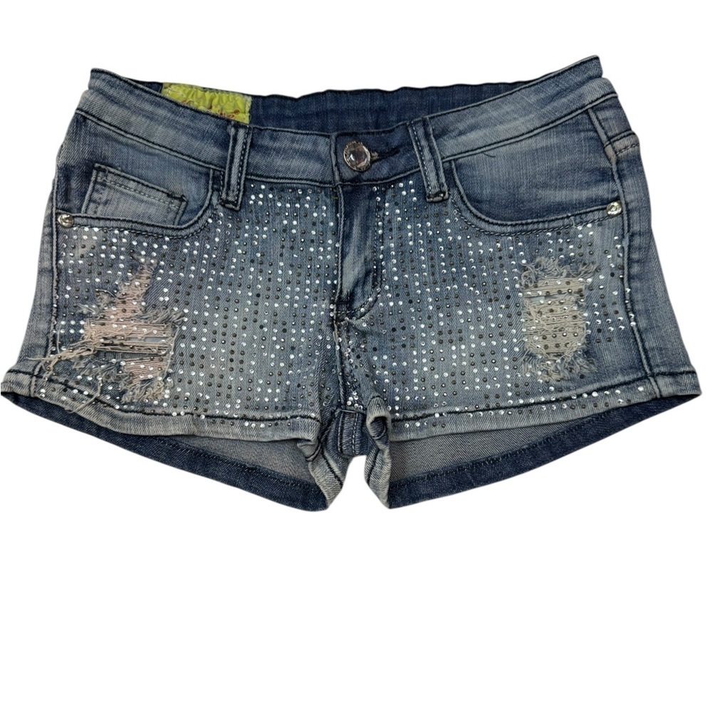 Machine.   Blue Jean Shorts with Distressed Cuffs and Sparkle